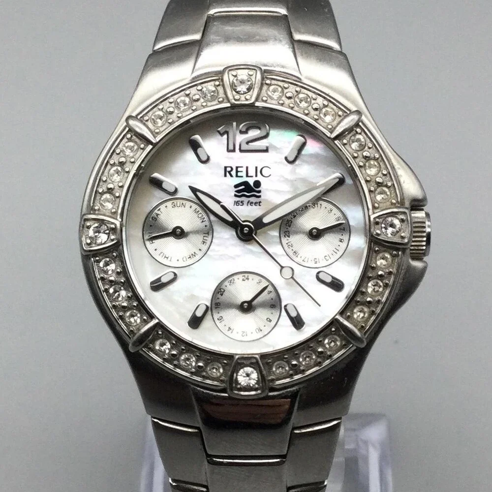 Relic Wet Womens Watch 31mm White MOP Dial Crystals New Battery 6.5